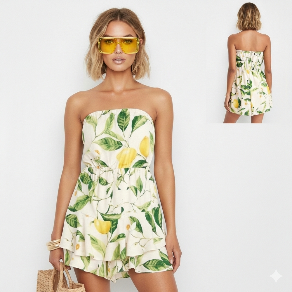 Nwt Lemon 🍋 Floral Strapless Tiered Romper